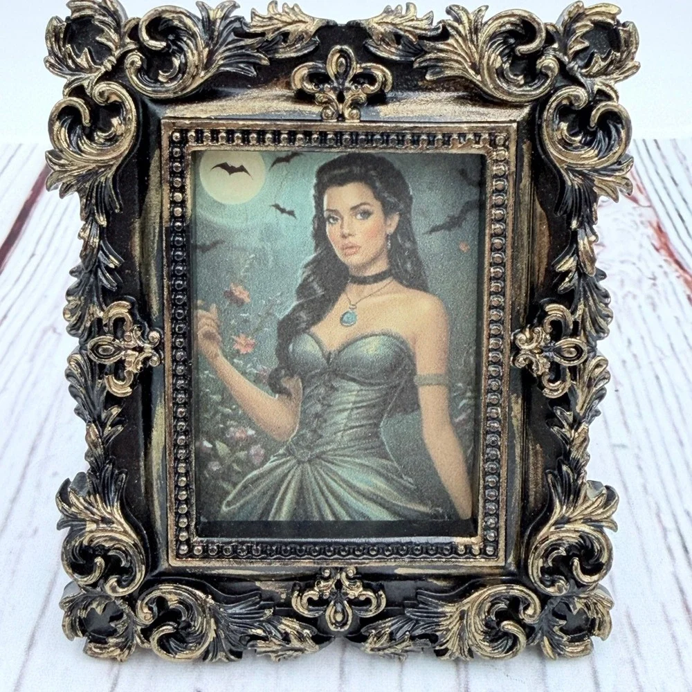 Goth Victorian Woman Original Art Ornate Gold Black Baroque Frame 3.25x2.75 Mini
